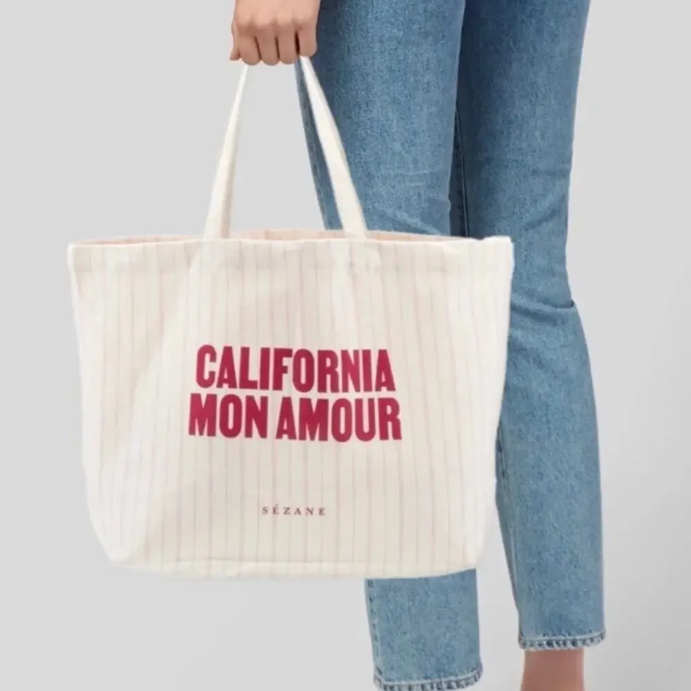 Sezane cream red California Mon Amour striped canvas tote bag